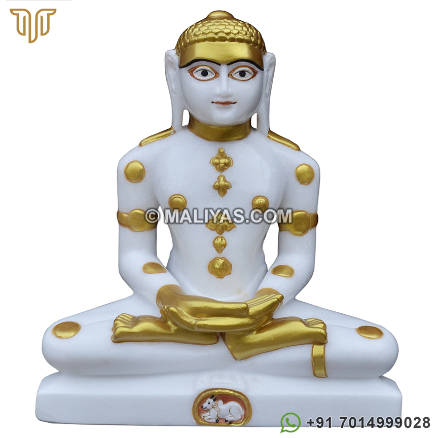 Golden work Pure White Marble Mahavir Swami Statue